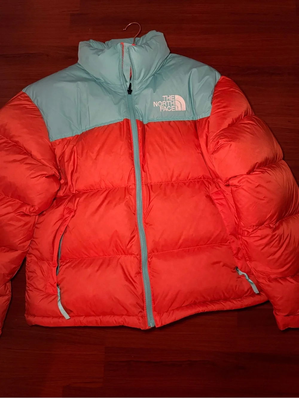 The North Face Puffy Jacket in Coral and Light Blue